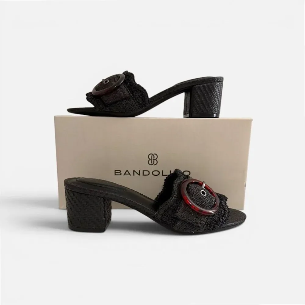 Bandolino Anni Raffia Crochet Block Black Heel Sandals, NEW! Size 8.5